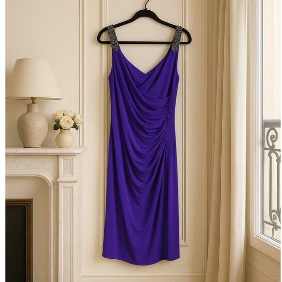 NWT Ralph Lauren Evening Faux Wrap Jersey Sheath Dress Spring Peak Purple Sz 12 - Picture 2 of 15